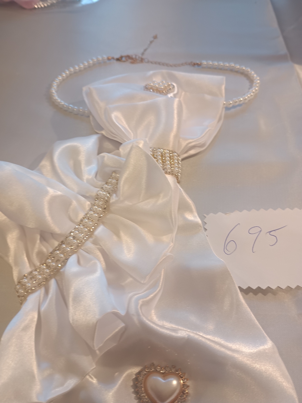JunkTie NecklaceWhite Satin Bridal Accessory Set with Pearl & Rhinestone Accents